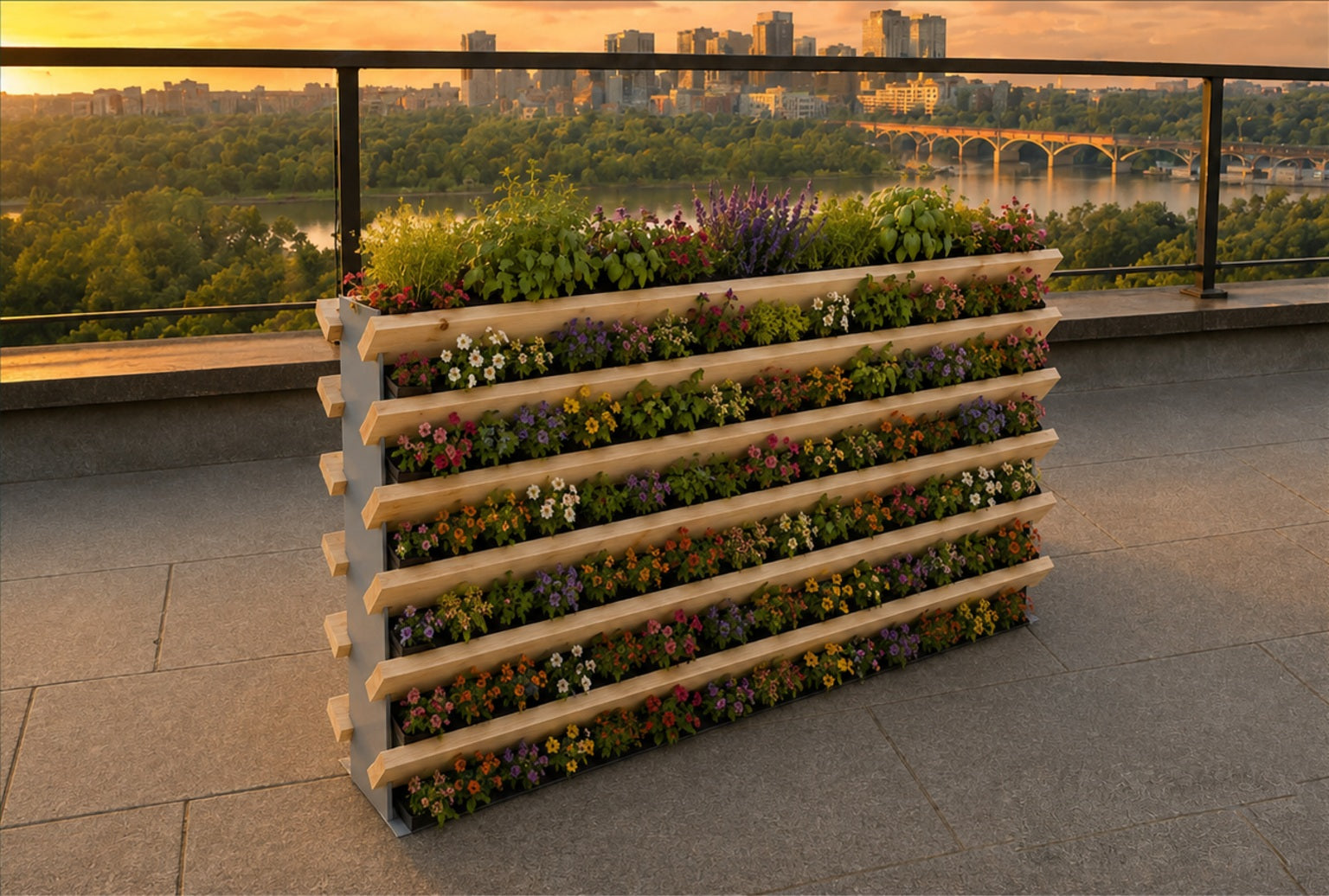 Double-sided garden divider with six angled planted tiers on each face, on a Saskatoon rooftop beneath a dramatic prairie sky
