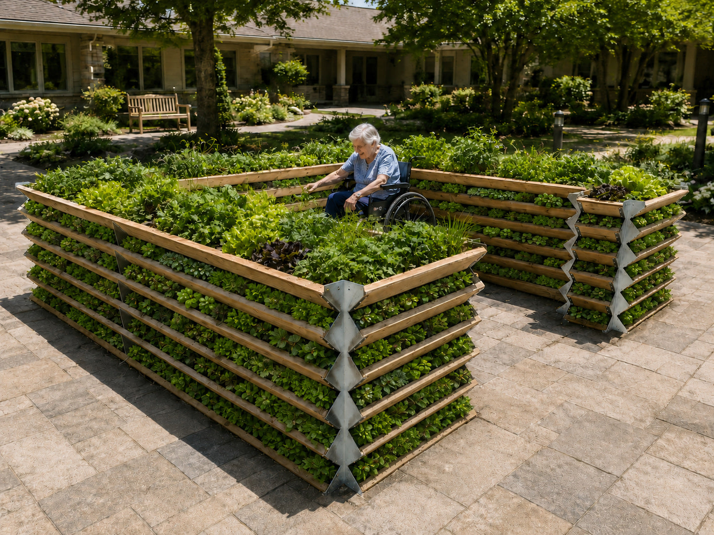 An older woman enjoys gardening from her wheelchair in a planted wraparound cedar garden with a clear entrance