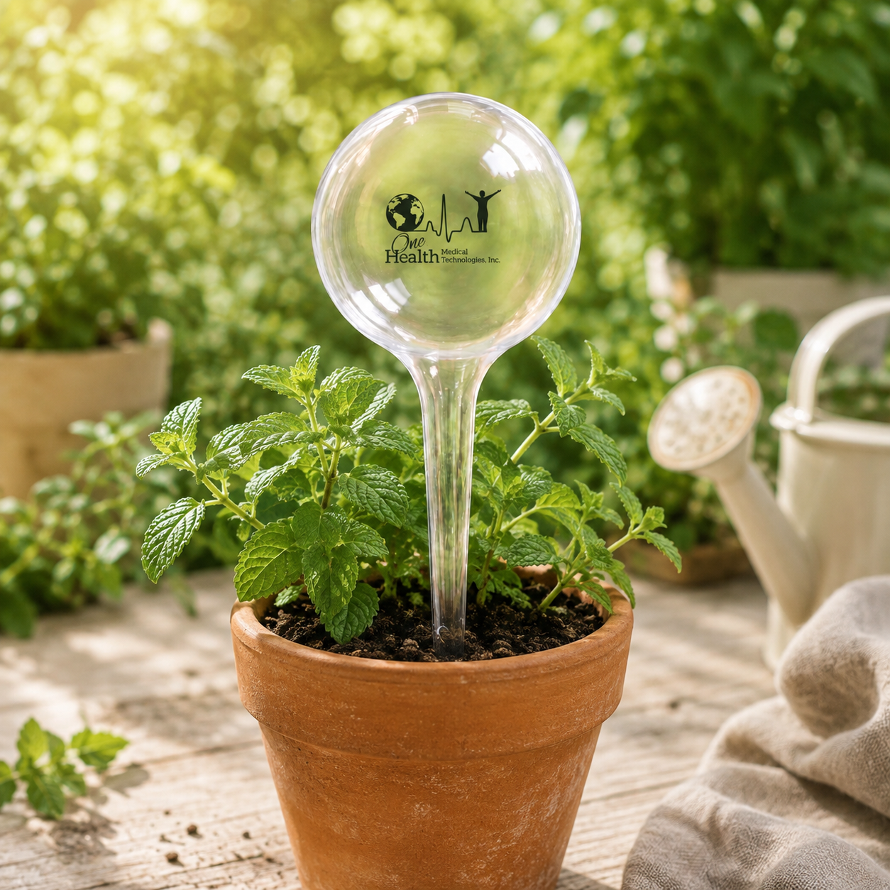 One Health self-watering globe in a terracotta herb planter
